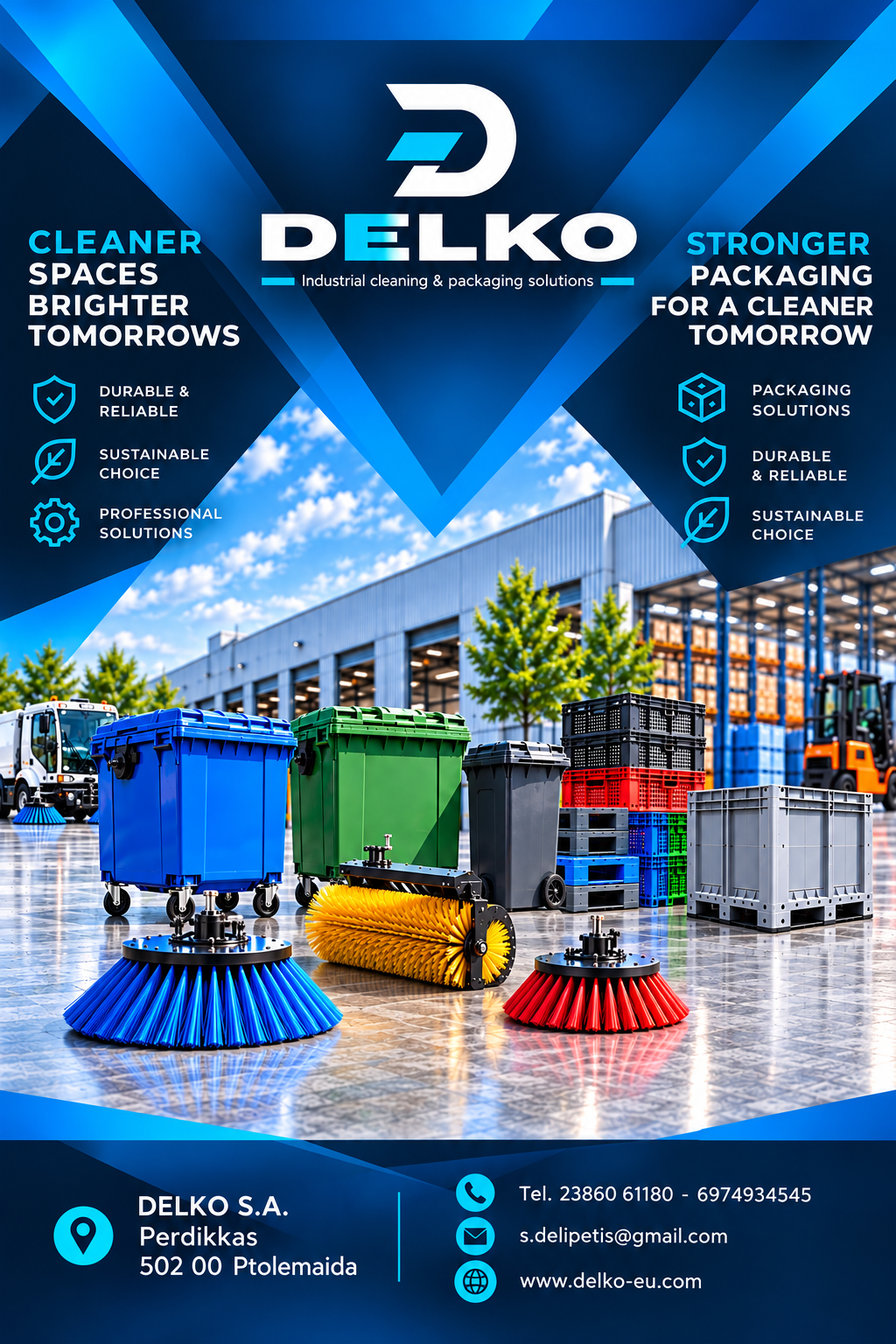 DELKO S.A. industrial cleaning and packaging solutions. Cleaner spaces, brighter tomorrows. Contact: 23860 61180, 6974934545, s.delipetis@gmail.com. Perdikkas, 502 00 Ptolemaida.